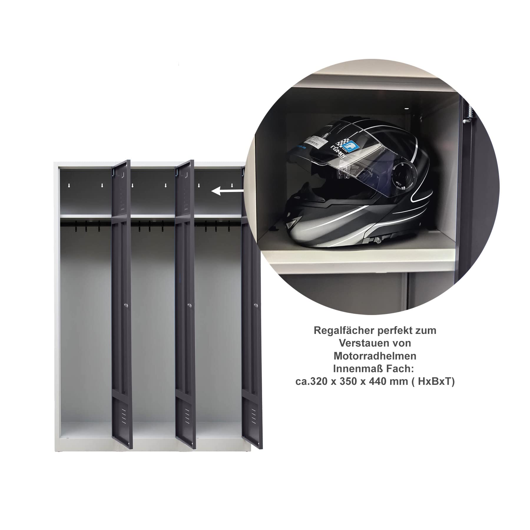 Schrank & Stuhl Spind – Metallspind mit 3 Abteilen in 180 x 120 x 50 cm, Schließfachschrank mit Hutboden & Drehriegelverschlüssen, Lieferung komplett montiert, Grau/Anthrazit