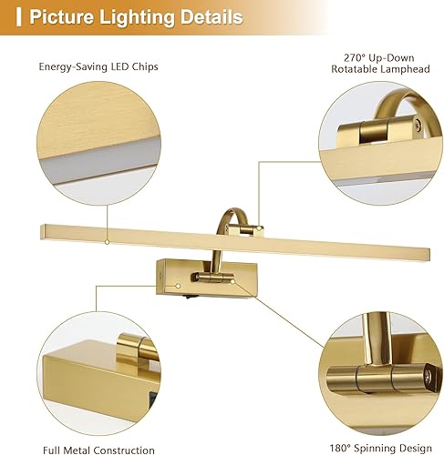 Miniatura 4 de Luces de imagen inalámbricas para pared, funciona con pilas, iluminación artística de latón para pinturas, luces recargables de galería con control
