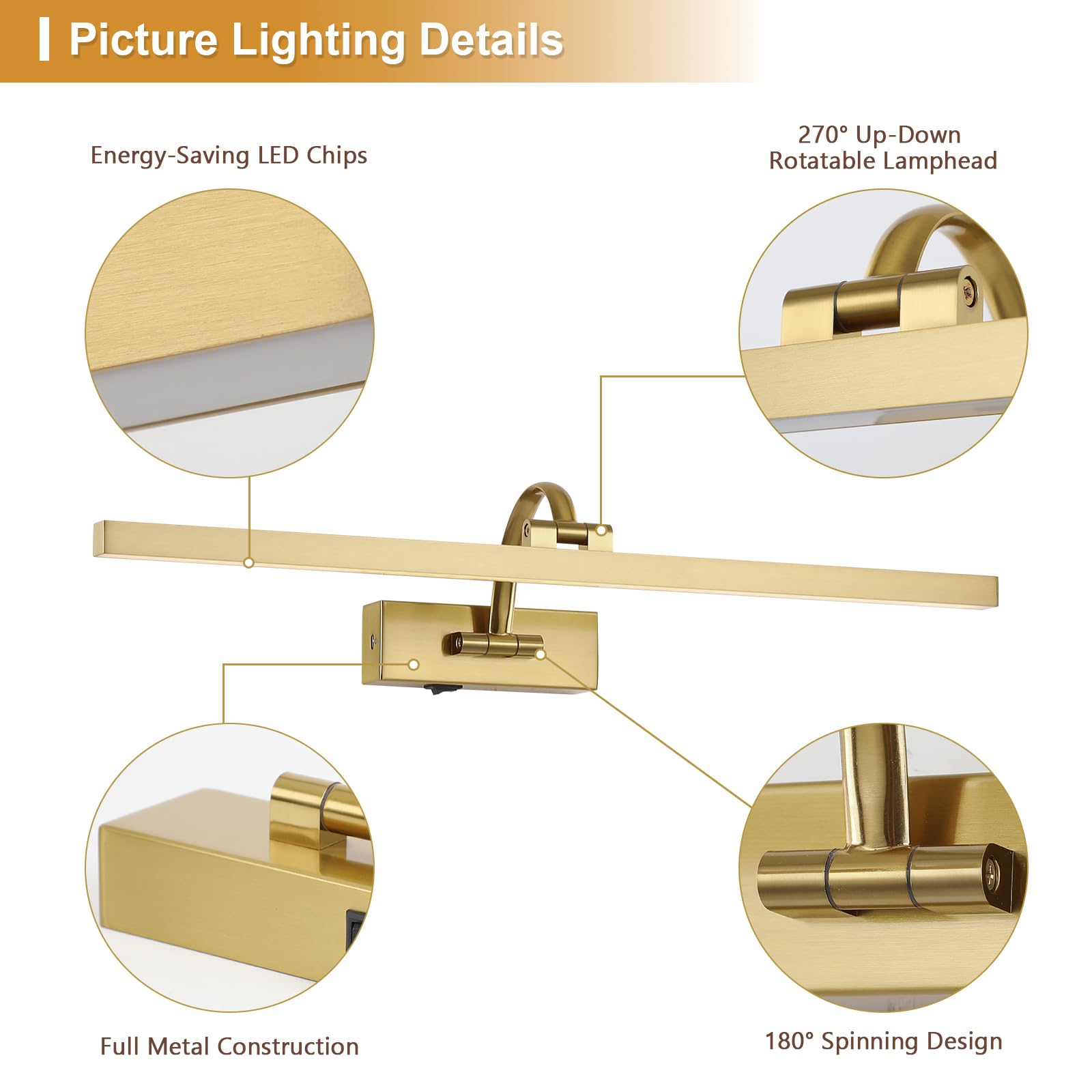 Lampes murales sans fil à piles, éclairage d'art en laiton pour peintures, lumières de galerie rechargeables avec télécommande et minuterie, lumières de peinture à intensité variable 3CCT pour œuvres