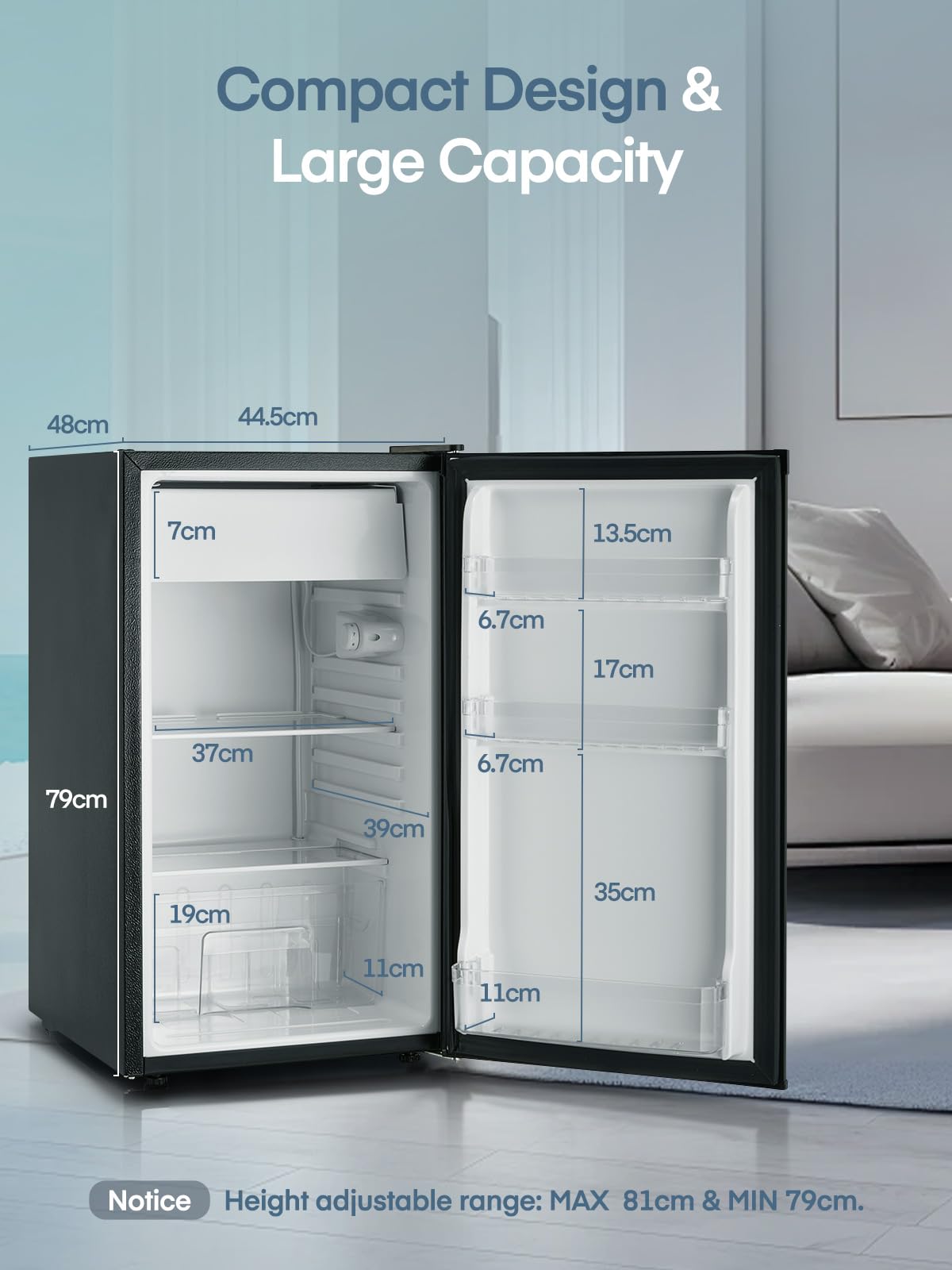 FOHERE Kühlschrank mit Gefrierfach 90L | Kühlschrank Klein mit Obst- und Gemüsefach | 7 Einstellbare Temperaturregelung | 84kWh/Jahr | Türanschlag wechselbar | Verstellbare Füße | Schwarz