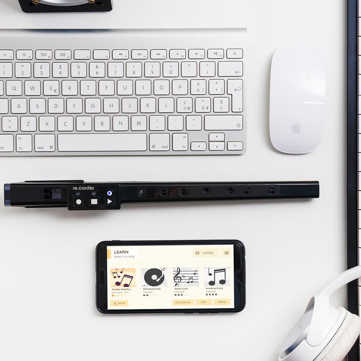 ARTinoise re.corder,flauto acustico digitale e controller MIDI wireless,App mobile 32 timbri,spartiti e esercizi su basi musicali,diteggiature personalizzabili,4 modalità di riproduzione