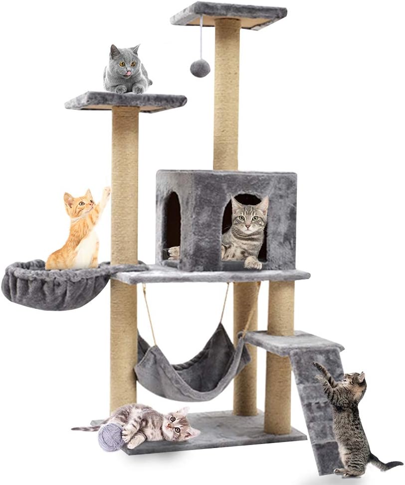 Allmart Cat Tree Tower with Scratching Post Plush Perch and Tunnel, Kitten Cat Condo House Furniture 55in (silver grey)