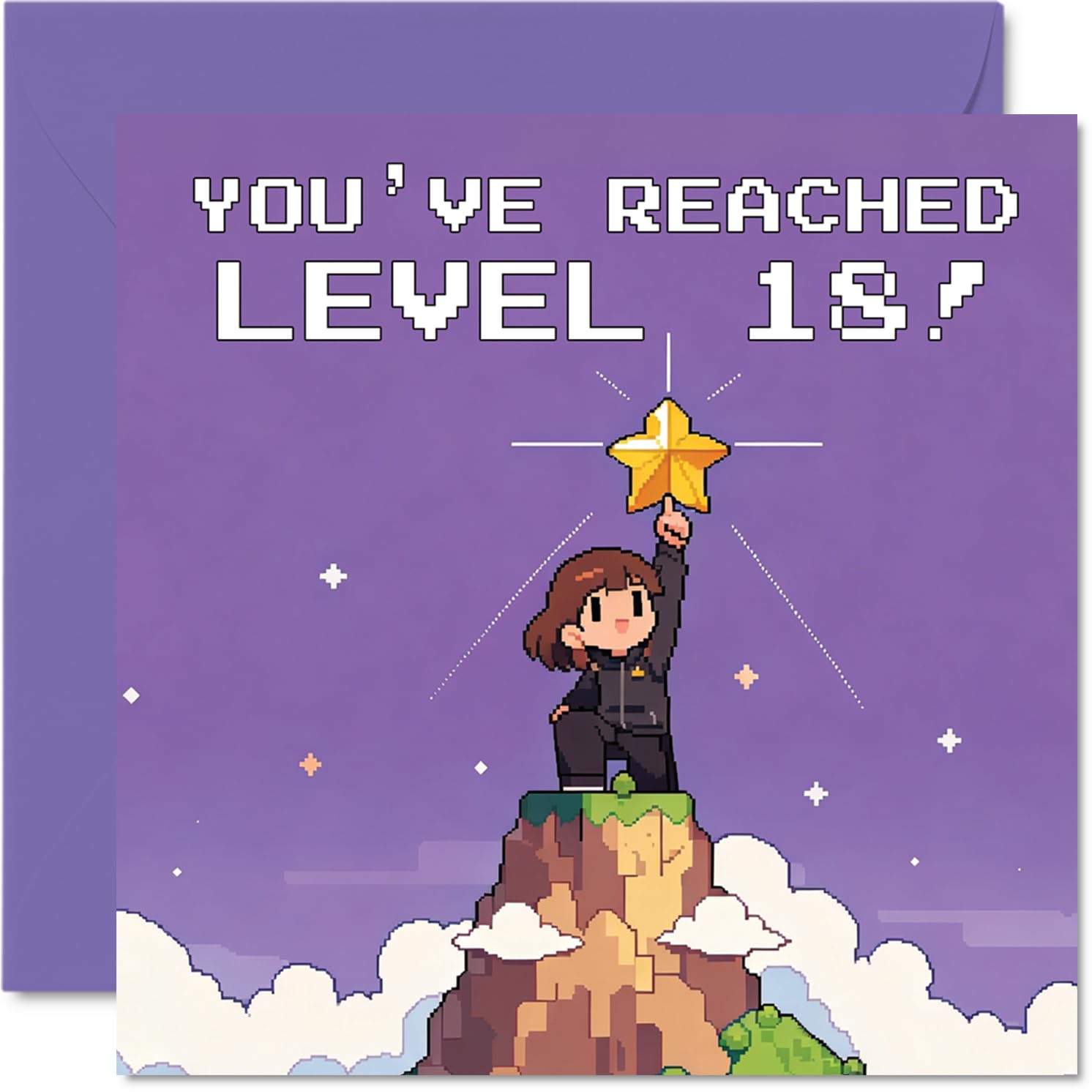 Playful 18th Birthday Card - Level Up Your Celebrations - Retro Pixel Art Gamer Conquers the Mountain - 145mm Square, Envelope Included