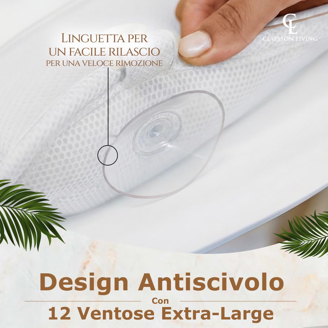 Cuscino Vasca da Bagno per Tutto il Corpo (126x41cm) – Cuscino Bagno con ventose e Poggiatesta (13cm); Supporta Collo, Schiena e Gambe – Incl. borse Lavaggio/Viaggio e Gancio Asciugatura – Bianco
