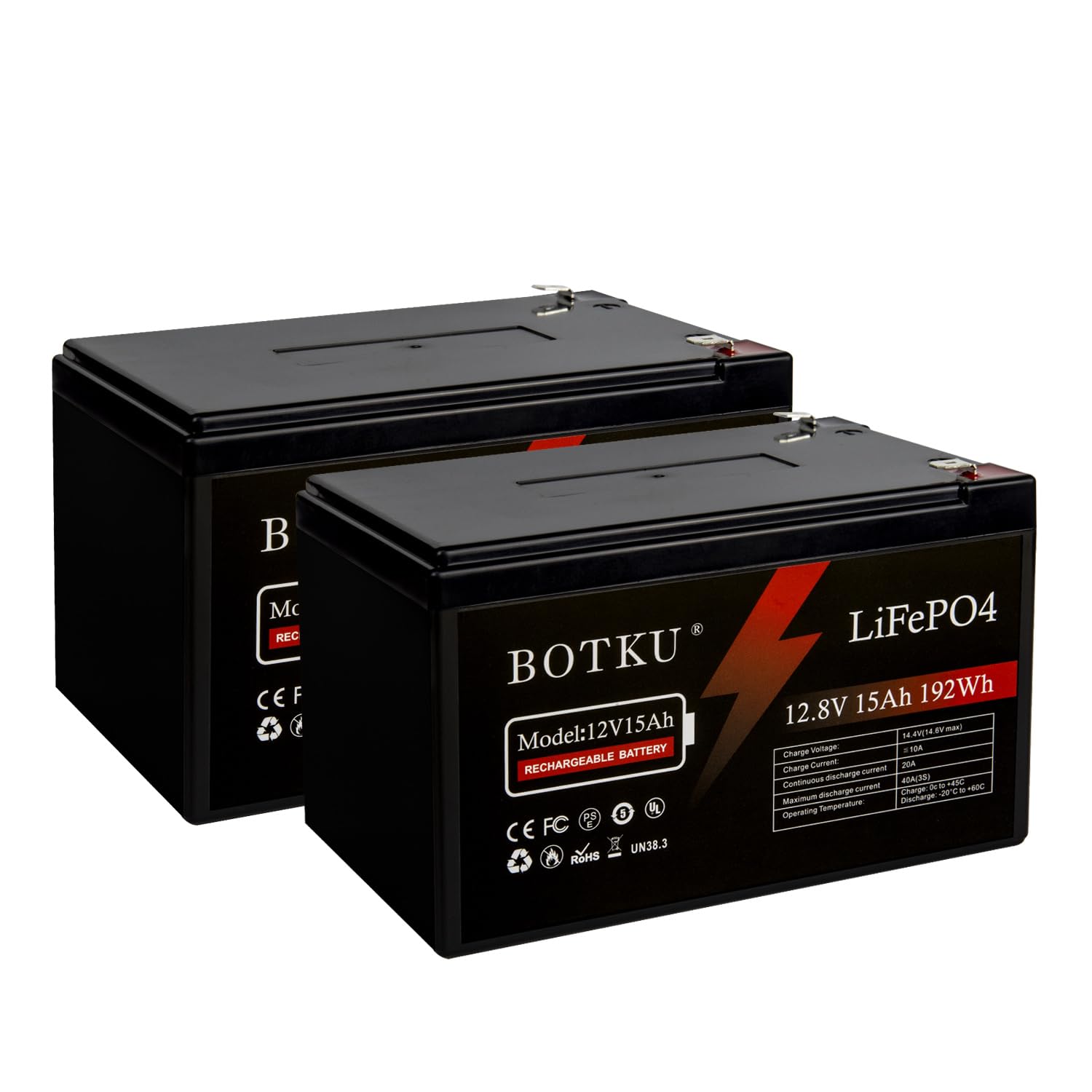 BOTKU 12V 15Ah Lithium LiFePO4 Deep Cycle Battery 2 Pack, 3000+ Cycle Rechargeable Lithium Iron Phosphate Battery for Solar, Fish Finder, Power Wheels, Lighting, Off-Grid Applications with 20A BMS