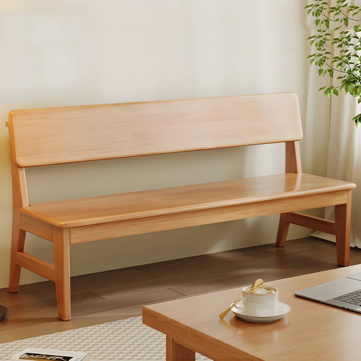 Farmhouse Solid Wood Dining Bench with Backrest, Modern Traditional Farmhouse Dining Furniture Armless, Wooden Entryway End of Bed Bench (Cherry Wood Color, 55" L x 13" W x 34" H)