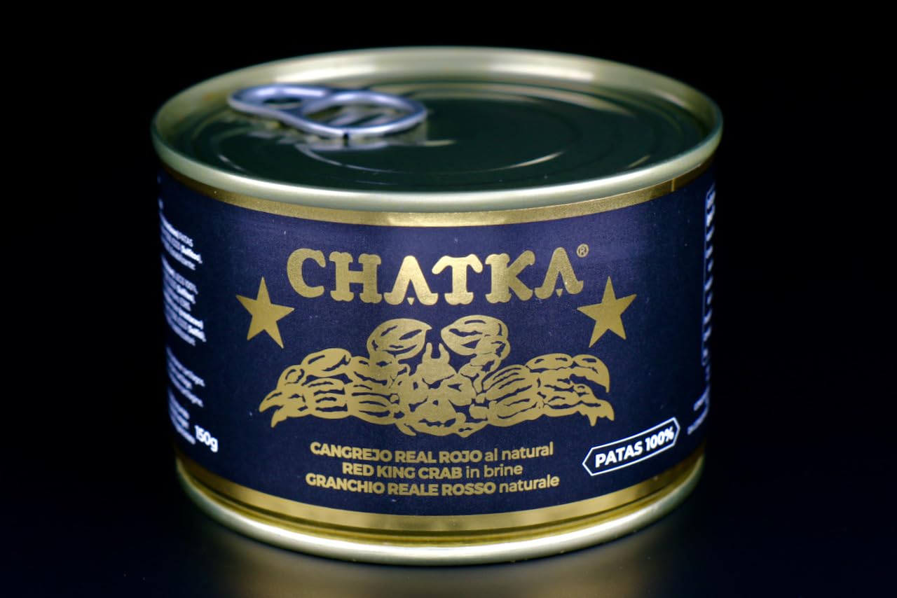 Chatka – Konserve im traditionellen Format gefüllt mit Beinen von rotem Königskrabbenfleisch. Sorgfältig verarbeitet, mild im Geschmack und vielseitig einsetzbar (150 gram)