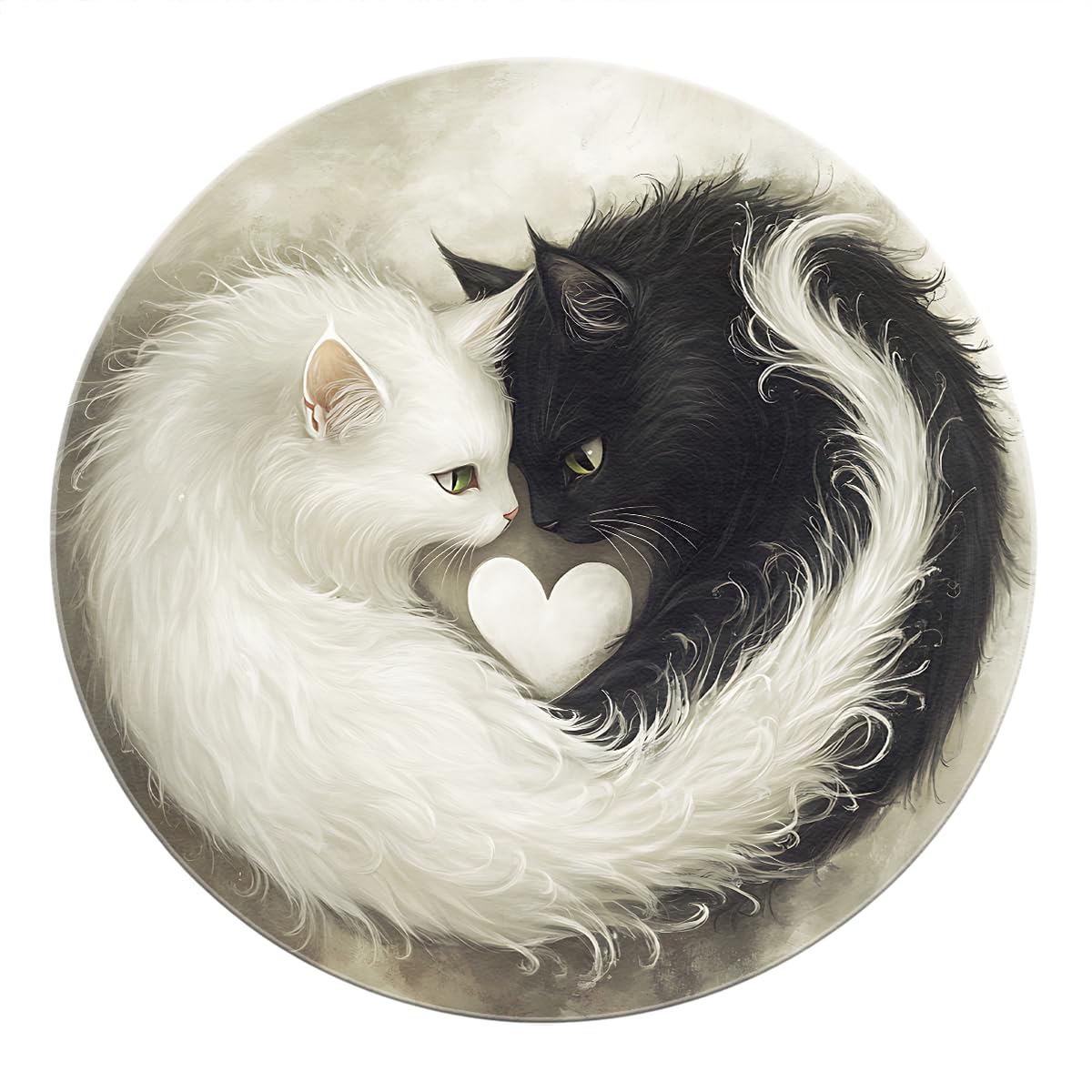 Tapis Rond Lavable de Style Noir et Blanc 120cm Motif de Chat Mignon Tapis de Cercle de Sol intérieur antidérapant à Poils Ras pour Chambre à Coucher Salle de conférence