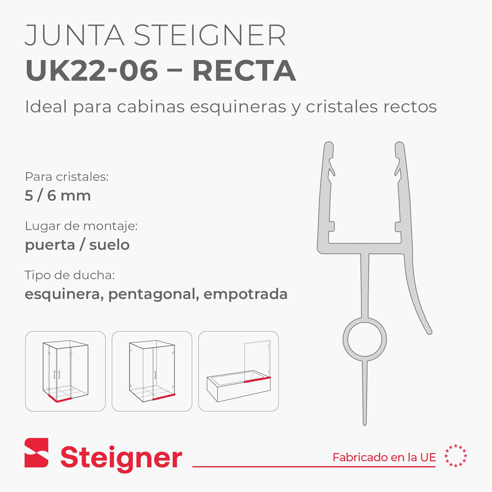 STEIGNER Junta de Ducha, Junta de Sellado, 100 cm, Espesor del Vidrio 5/6 mm, Junta Recta PVC, UK22-06