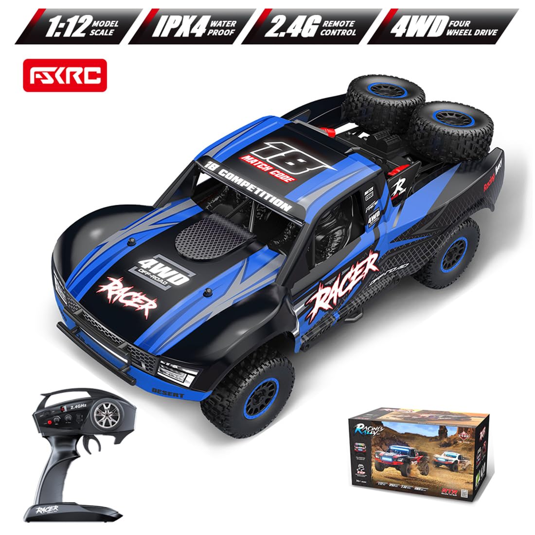 RD12 1/12 RC Drift Car 4WD 2,4GHz mit Gyro, Vollproportionales Ferngesteuertes Auto, 30KM/H High Speed, LED-Lichter, Wiederaufladbarer RC Rennwagen für Erwachsene Blau