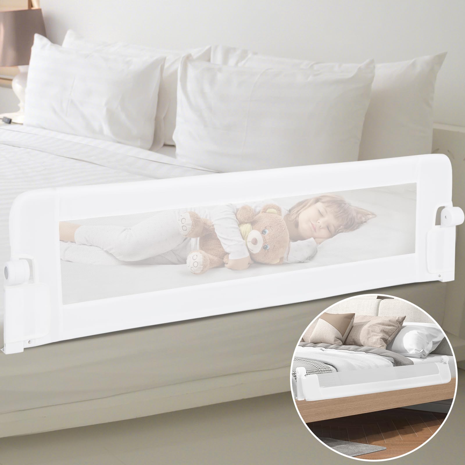 COSTWAY Barrière de Lit Pliable pour Bébé/Enfant Barre de Lit Rabattable avec Mousse Souple, Trous Pré-Percés Barrière de Protection Bébé Chambre à Coucher (Blanc, 152 x 42 cm)