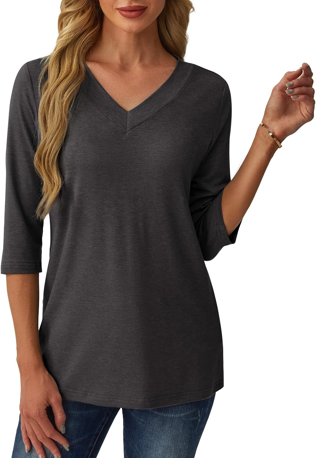 3/4 Length Sleeve Womens Tops V Neck Casual Tunic Loose Fit Basic Shirts Trendy Tops for Women 2026 thumbnail