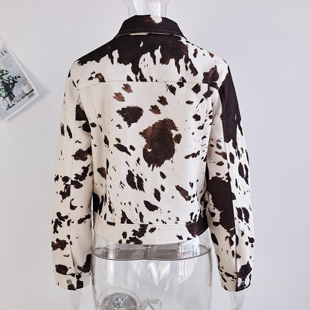 White Denim Jacket Women Cropped Irregular Printing Long Sleeve Button Down Denim Jacket for Women Trendy 2024