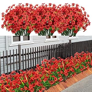 21 Bundles Artificial Outdoor UV Resistant Flowers No Fade Fake Outside Flowers Plastic Greenery Faux Shrubs Garden Porch Window Box Home Decoration (red)