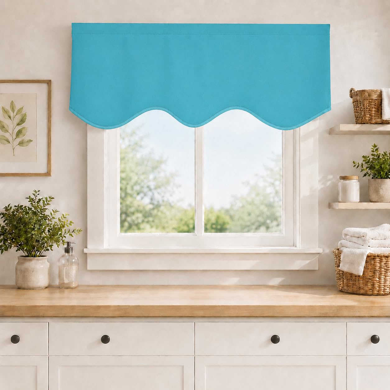 Aquazolax Kitchen Curtains Window Treatments Valance Elegant Solid Blackout Scalloped Valance Curtain Panel for Living Room, 52inch by 18inch, Turquoise, 1 Panel
