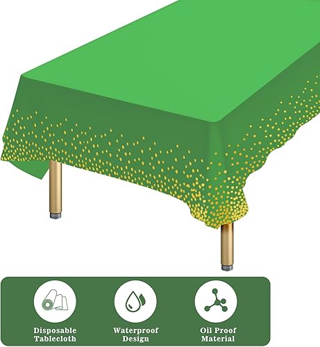 Miniatura 3 de Paquete de 6 manteles desechables de plástico rectangulares de color verde y dorado, 54 x 108 pulgadas, mantel rectangular desechable para