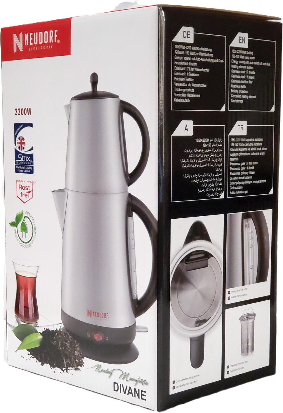Elektronik Teemaschine DIVANE (schwarz) mit autom. Abschaltung & Warmhaltefunktion/ 2200 & 150 Watt/robuste sparsame Technik/Duales-Heizsystem/Überhitzungsschutz/Edelstahl/ 1 & 1,7 Liter