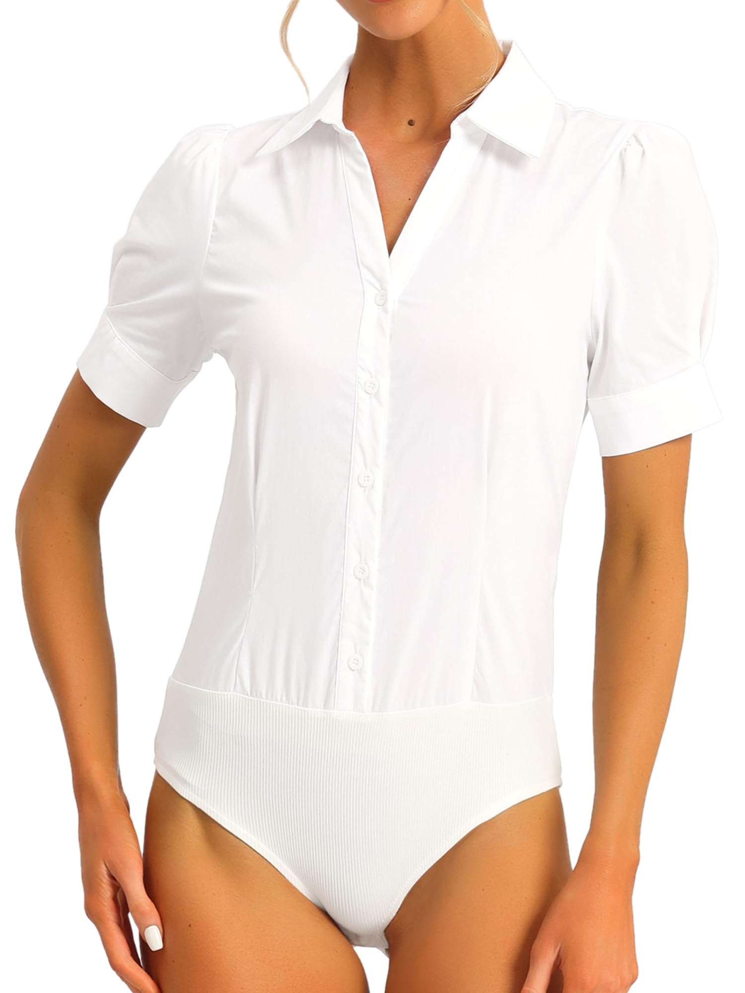 Allegra K Women's Button Down Collared Short Sleeve Bodysuit, White, X-Large