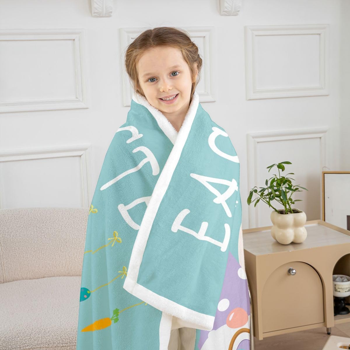 Erosebridal Gnome Easter Eggs Fleece Blanket Queen Size for Bedroom, Cute Bunnies Sherpa Blanket Cartoon Rabbit Animal Throw Blanket Easter Gifts for Women Teens, Happy Easter Fuzzy Blanket, Teal