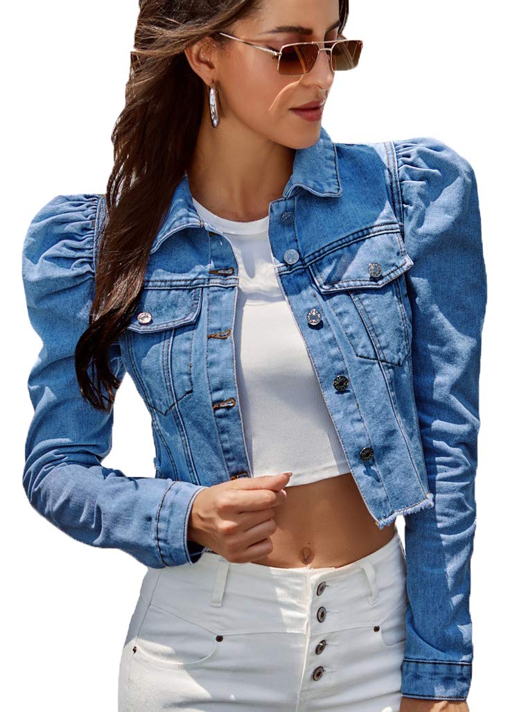 Nihsatin Women's Puff Sleeve Denim Jacket Pockets Front Button Down Crop Jean Coat