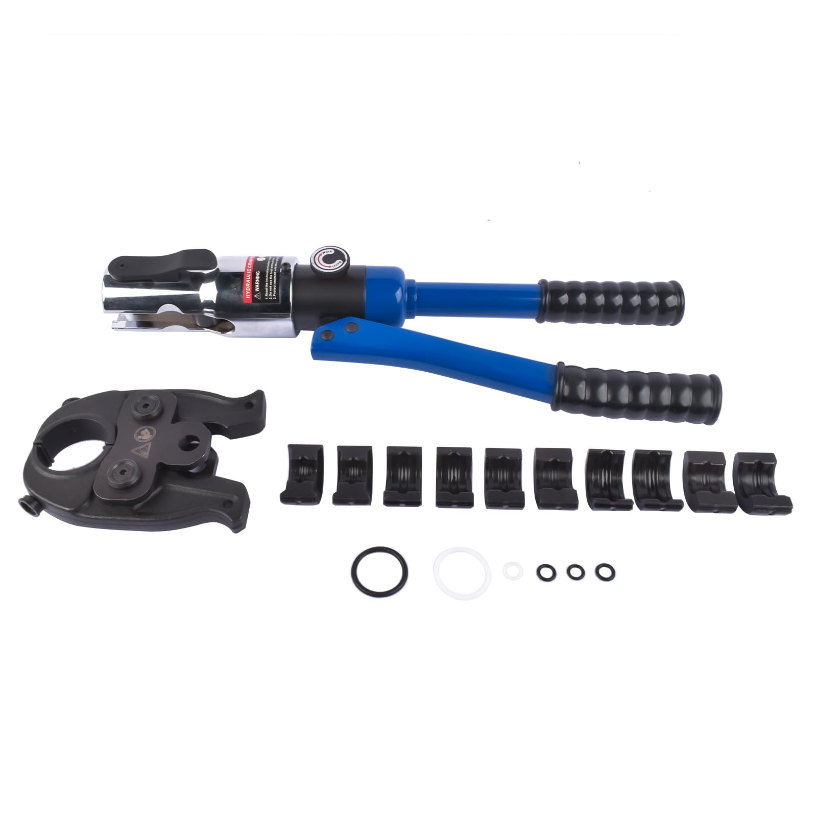 Profi Presszange V-Kontur (hydraulisch) 12-15-18-22-28 Set Presswerkzeug mit 360° drehbarem Kopf für Kupferrohr, Edelstahlrohr, Edelstahlrohr, Backeneinsätze V12, V15, V18, V22, V28, Blau