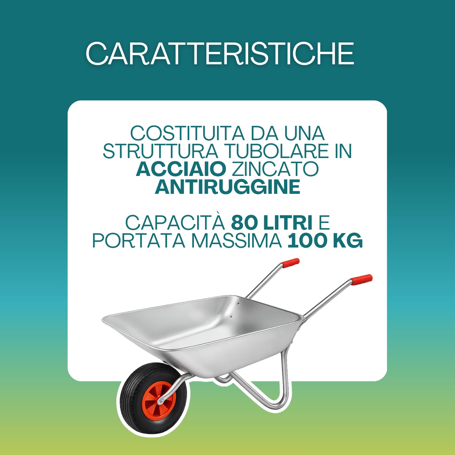 Virsus Carriola in Acciaio Zincato 4063, capacità 80 Litri 100kg, Carrello con Struttura Acciaio, Manici Gommati, Ruota Diametro 33cm, per edilizia, trasporto merce Pesante Legno, Attrezzi da Giardino