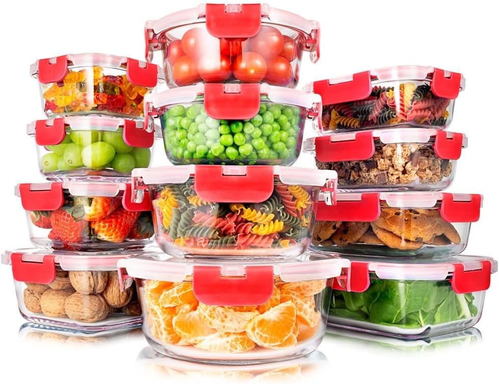 SereneLife 24 Piece Glass Storage Containers with Lids, 12 Pack Glass Meal Prep Container Set for Lunch, Kitchen Storage, Food Storage, Leak Proof, Freezer Safe and Dishwasher Safe, Red - Thumbnail 5