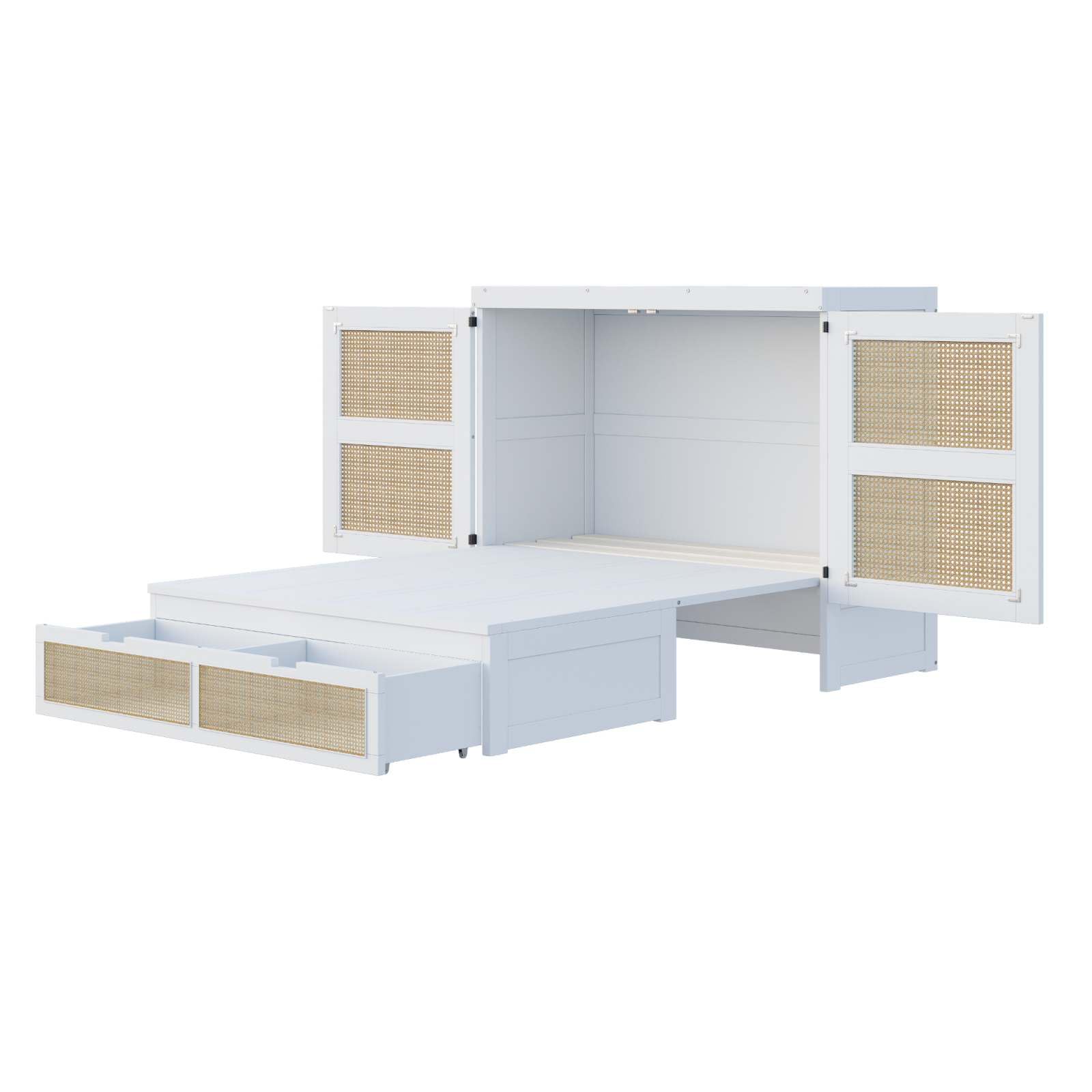 YEHTOKHOME Lit Armoire Vertical de 140 x 200 cm avec 2 tiroirs et Design en rotin, Multifonctionnel lit Pliant Mural avec Espace de Rangement et Cadre à Lattes(sans Matelas) (Blanc)