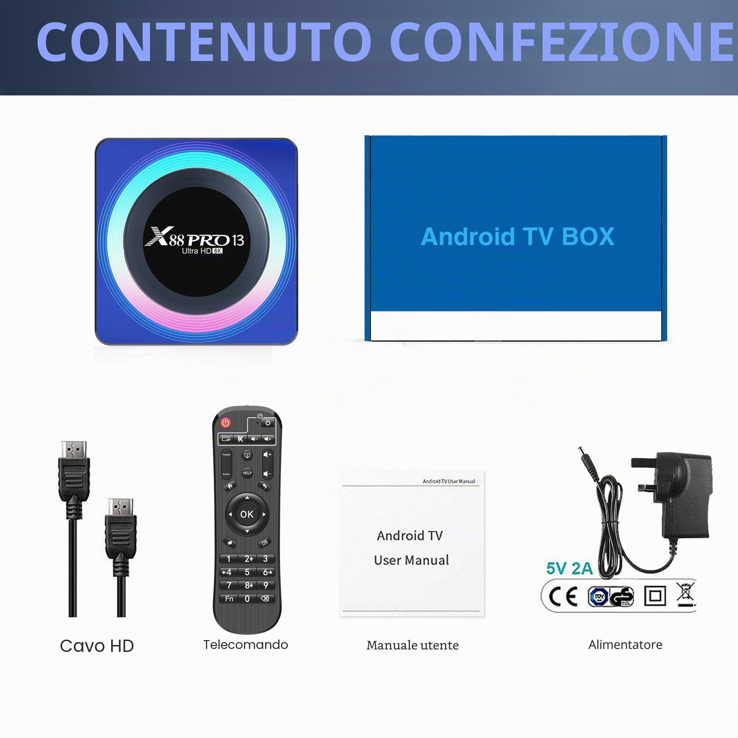 Android TV Box,X13 Android 13.0 4GB RAM 64GB ROM RK3528 Quad-Core 64bit Cortex-A53 Mali 450 MP2 GPU Supporto 8K 3D 1080P 2.4/5.0GHz WiFi BT5.0 10/100M Ethernet DLNA USB 3.0 H.2655 Smart TV Box