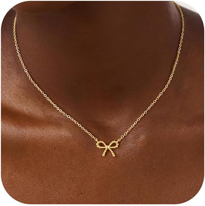Yoosteel 14K-Gold-Plate Bow Necklaces for Kids Teen Girls Women - Dainty Bow Choker Necklaces Simple Small Pendant Necklaces for Teenage Girl Women Trendy Gift Jewelry