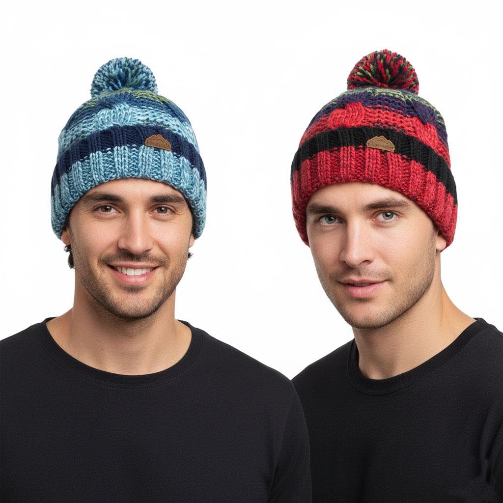 A2z Men's 2 Pack Hats Multi Coloured Bobble Beanie Pom Pom Hats Lightweight Stretchy Soft Feel Winter Warm Cosy Caps Comfortable Winters Hats