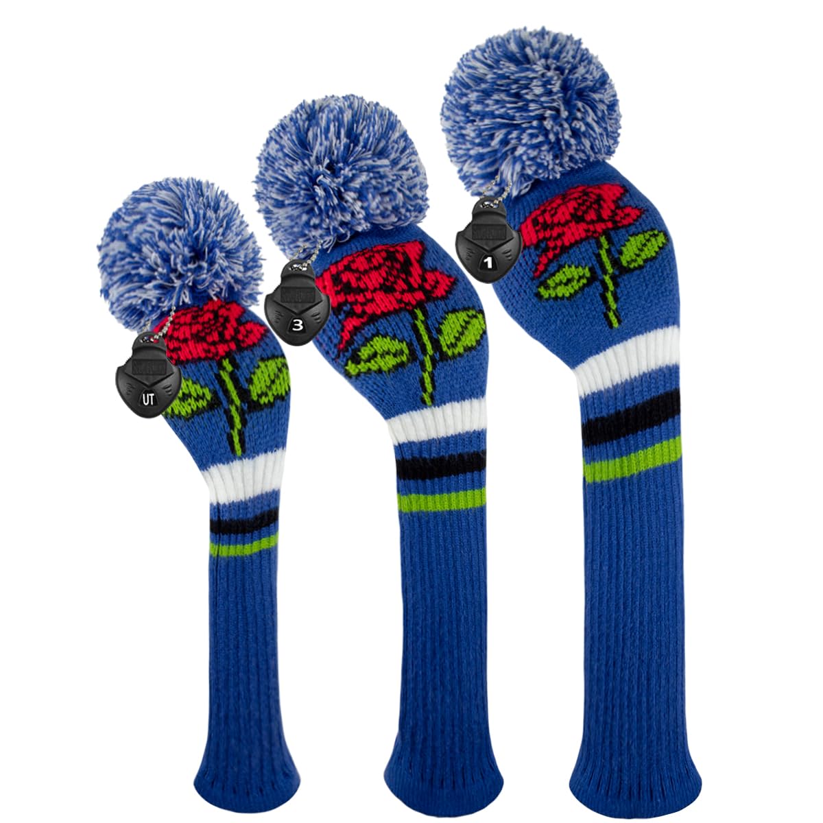 Scott Edward Golf Club Cover with a Pom Pom Set of 3 Fits Well Driver(460cc) Fairway Wood and Hybrid(UT) with Rotating Club Number Tags for Male/Female Golfers (Blue Red Ros) — image 1