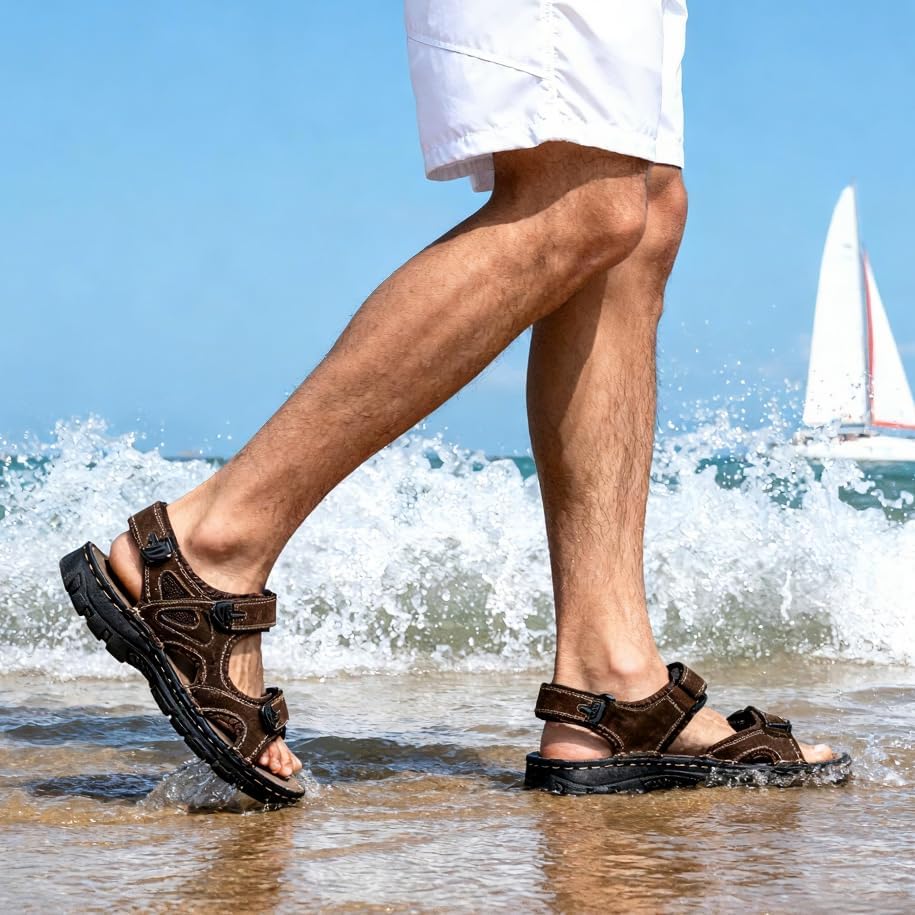 Jousen Men's Sandals Leather Open Toe Beach Sandal Outdoor Summer Sport Hiking Sandals - Image 2