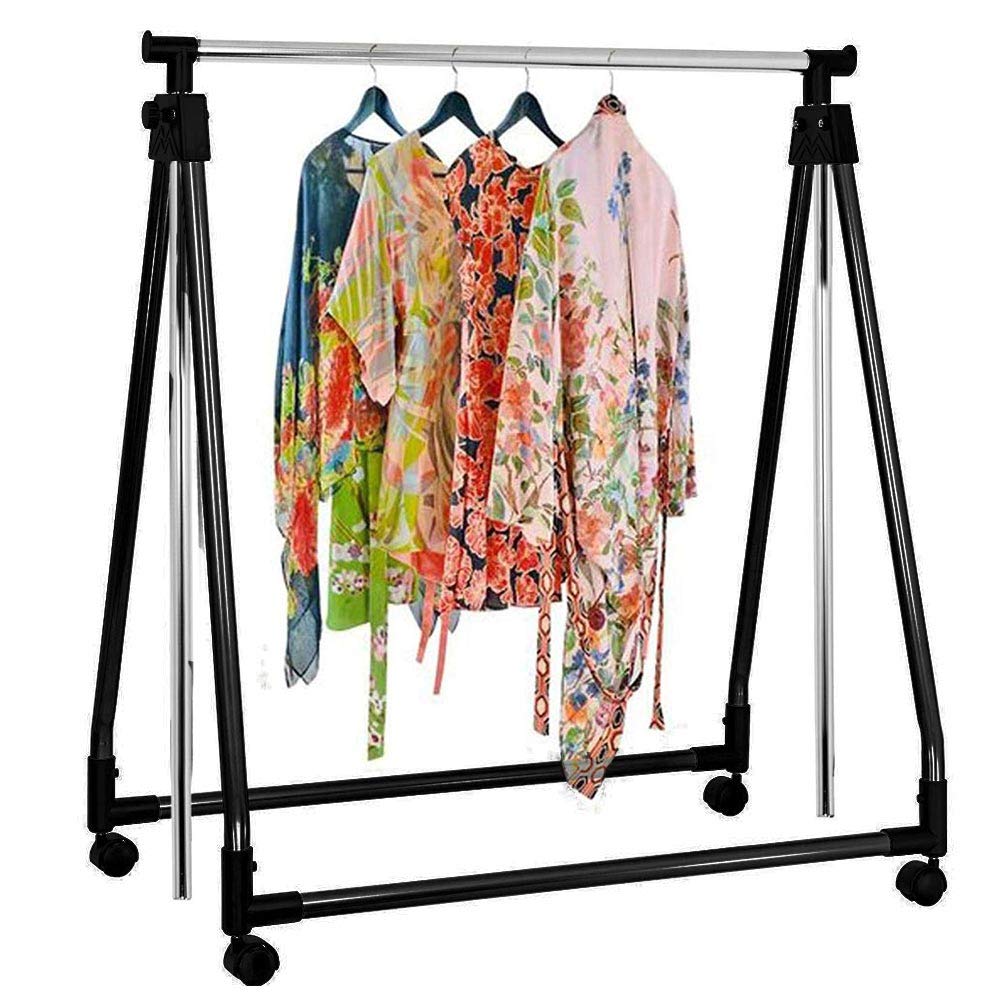 BAKAJI Adjustable Single Folding Hanger Stand in Steel and Hard Plastic, Telescopic Rods, Easy to Assemble with 4 Wheels - Image 3
