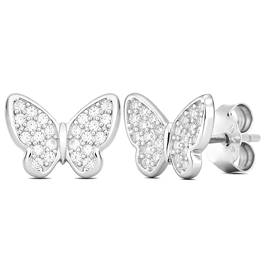 KOMORU Dainty Pave Moissanite Butterfly Stud Earrings 925 Sterling Silver Hypoallergenic Small Jewelry for Women - Valentine's Day & Birthday Gift for Wife/Her
