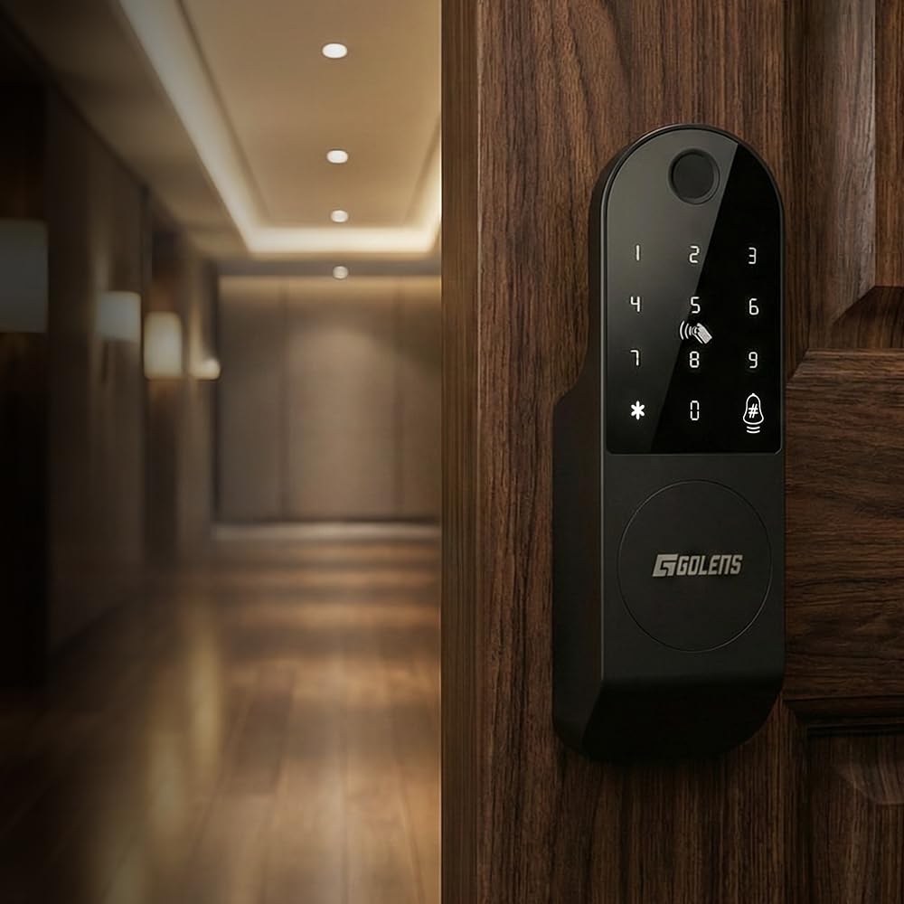 Golens X32 Digital Rim Lock for Wooden & Metal Doors | Waterproof Design | 20–60mm Thickness | 6-in-1 Unlock – Fingerprint, PIN, RFID, App, OTP & Manual Key | Remote Unlock via OTP
