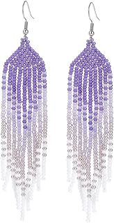 Saminyack Long Beaded Tassel Earrings, Boho Native Statement Beaded Fringe Dangle Earrings, Bohemian Handmade Seed Bead Chandelier Drop Earrings for Women Girls