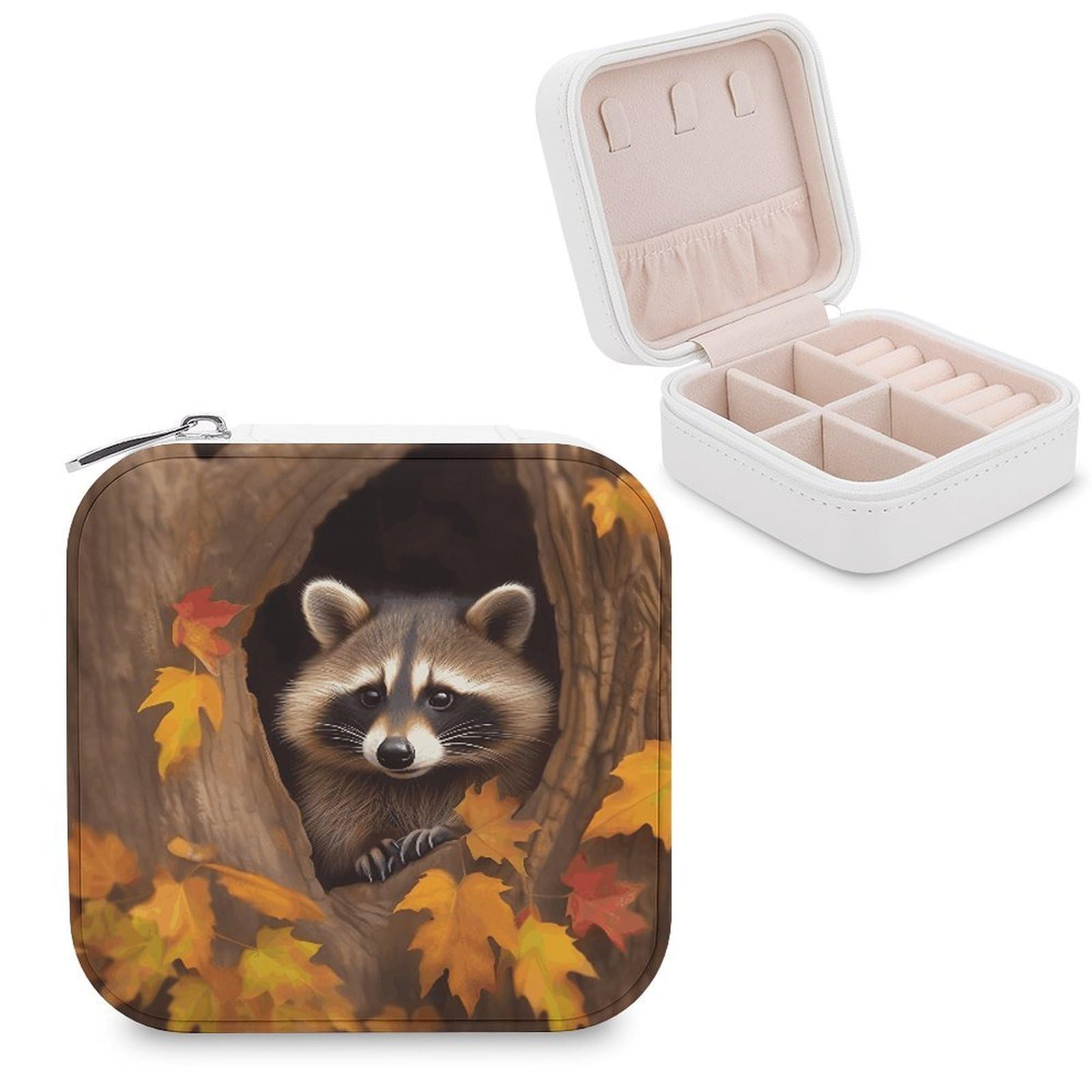VstaDank Raccoon in The Fall Tree Hole Jewelry Box Exquisite Leather Jewelry Organizer Portable Trinket Organizer Fashion Travel Jewelry Case for Rings Earrings Necklaces Unique Gifts for Women