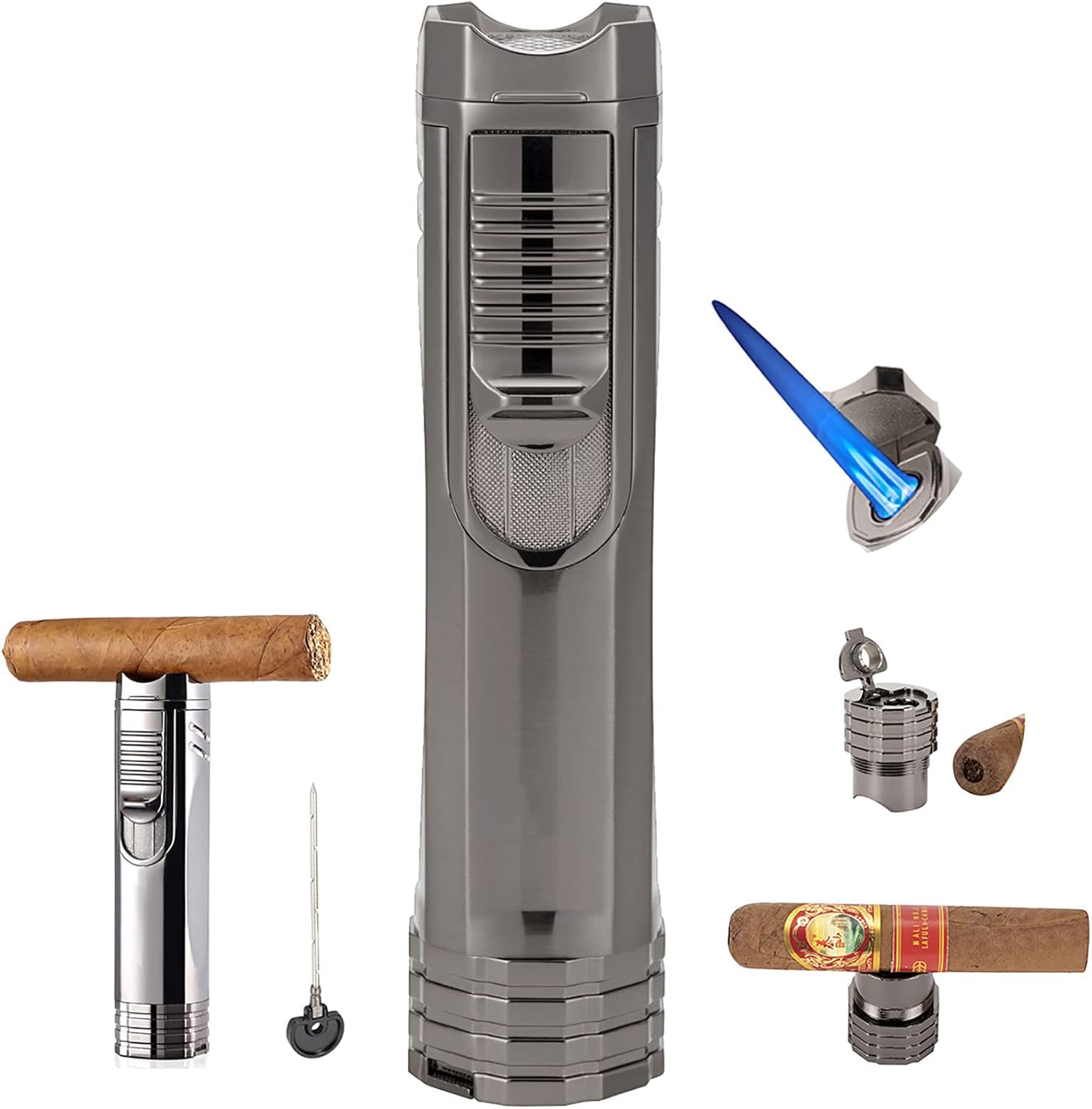 Windproof Cigar Lighter with Puncher Holder Needle Metal Portable 3 Jet Flame Multifunction Refillable Smoking Accessories