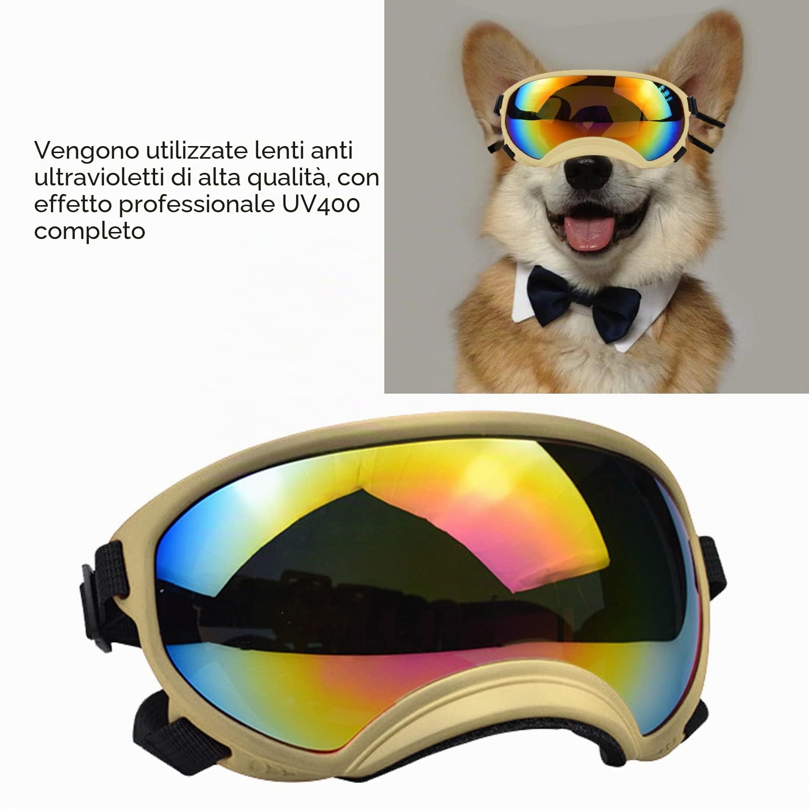 Asixxsix Occhiali per Cani, Occhiali da Sole per Cuccioli di Cane Anti UV Winproof con Cinturino Regolabile Occhiali da Sci Leggeri per Cani, Protezione degli Occhi all'aperto