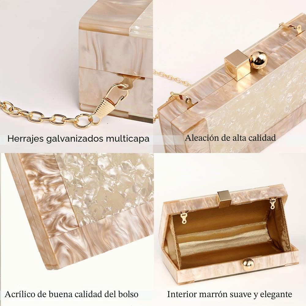 Menurra Bolso de noche de mano acrílico para mujer, diseño de mármol con purpurina, para boda, cóctel, fiesta, baile de graduación, Champán, 7.8"x4.1"x1.8"