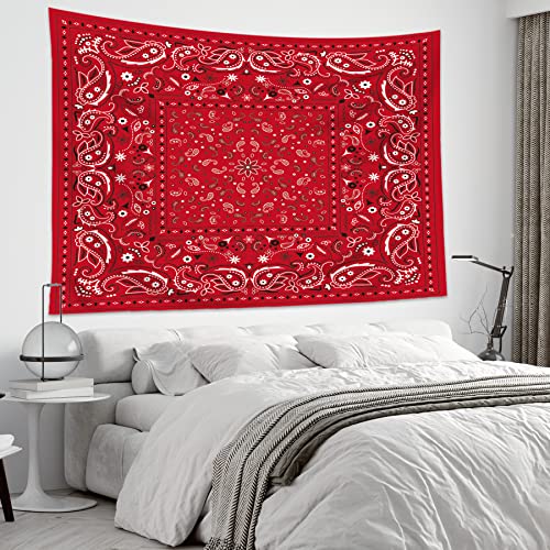 Ambzek Red Rustic Bandanna Tapestry 59Hx78W Inch Mandala Paisley Ceiling Tapestry Women Bohemian Wall Decor Floral Flower Border Classic Art Wall Hanging Red Bedroom Decor Living Room Dorm Fabric #TOP4
