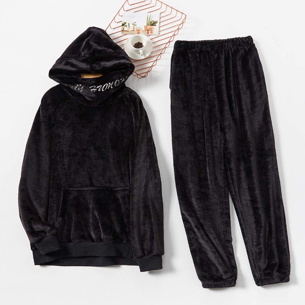 Flanellpyjama Für Herren,Mode Winter Warme Herren Lose Pyjamas Zweiteilige Flanell Haus Tragen Lässige Kapuze Einfache Schwarze Verdickung Plus Samt Elegante Party Bequemen Schlaf