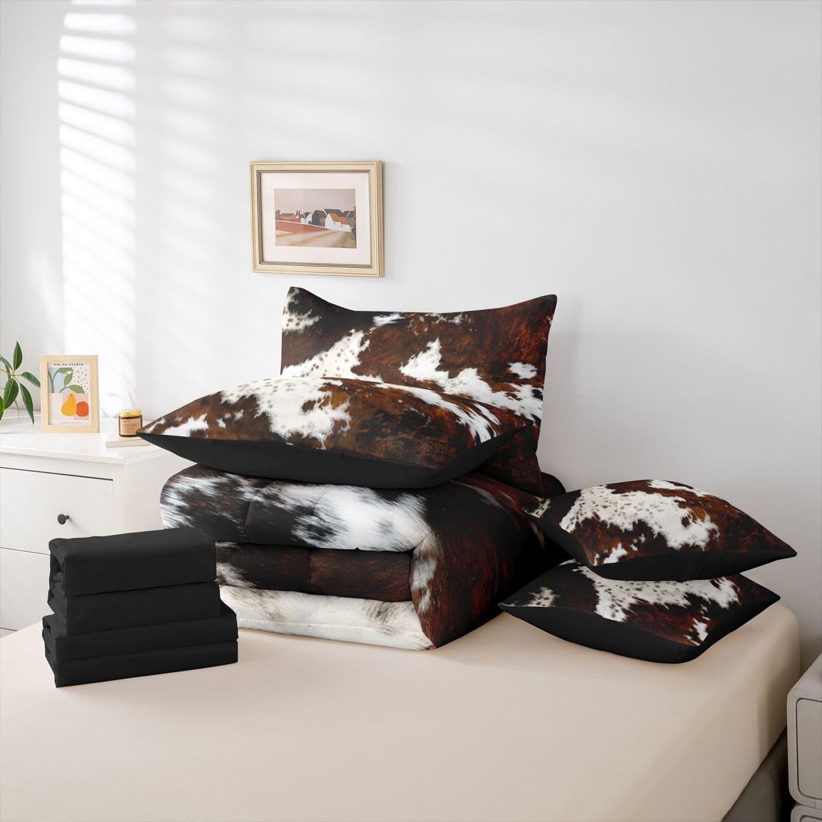 Erosebridal Brown Cow Print Queen Comforter Set 7 Piece, Simulated Black Cowhide Western Farmhouse Bedding Sets with Sheets, Rustic Highland Cow Skin Bed in a Bag with Fitted Flat Sheet, Pillowcases