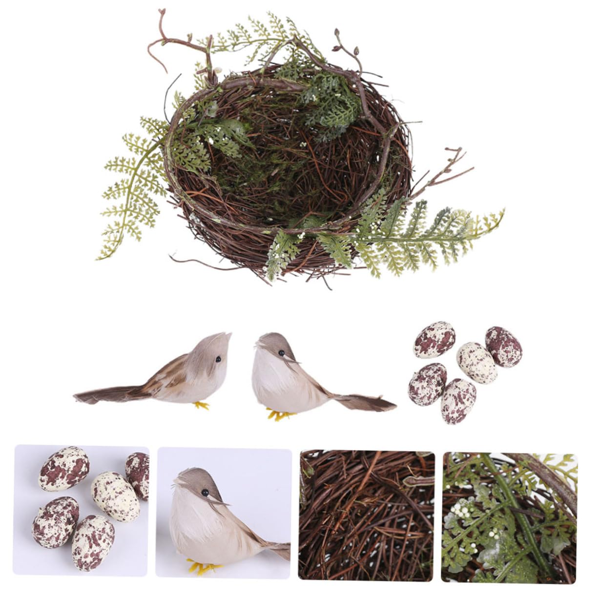 BESPORTBLE 4ensembles Nid Oiseau Rattan Tissé Main Abri Naturel pour Oiseaux Accessoires De Décoration pour Mariage Et Photographie Incluant Un Nid avec Deux Oiseaux Et Œufs Décoratifs