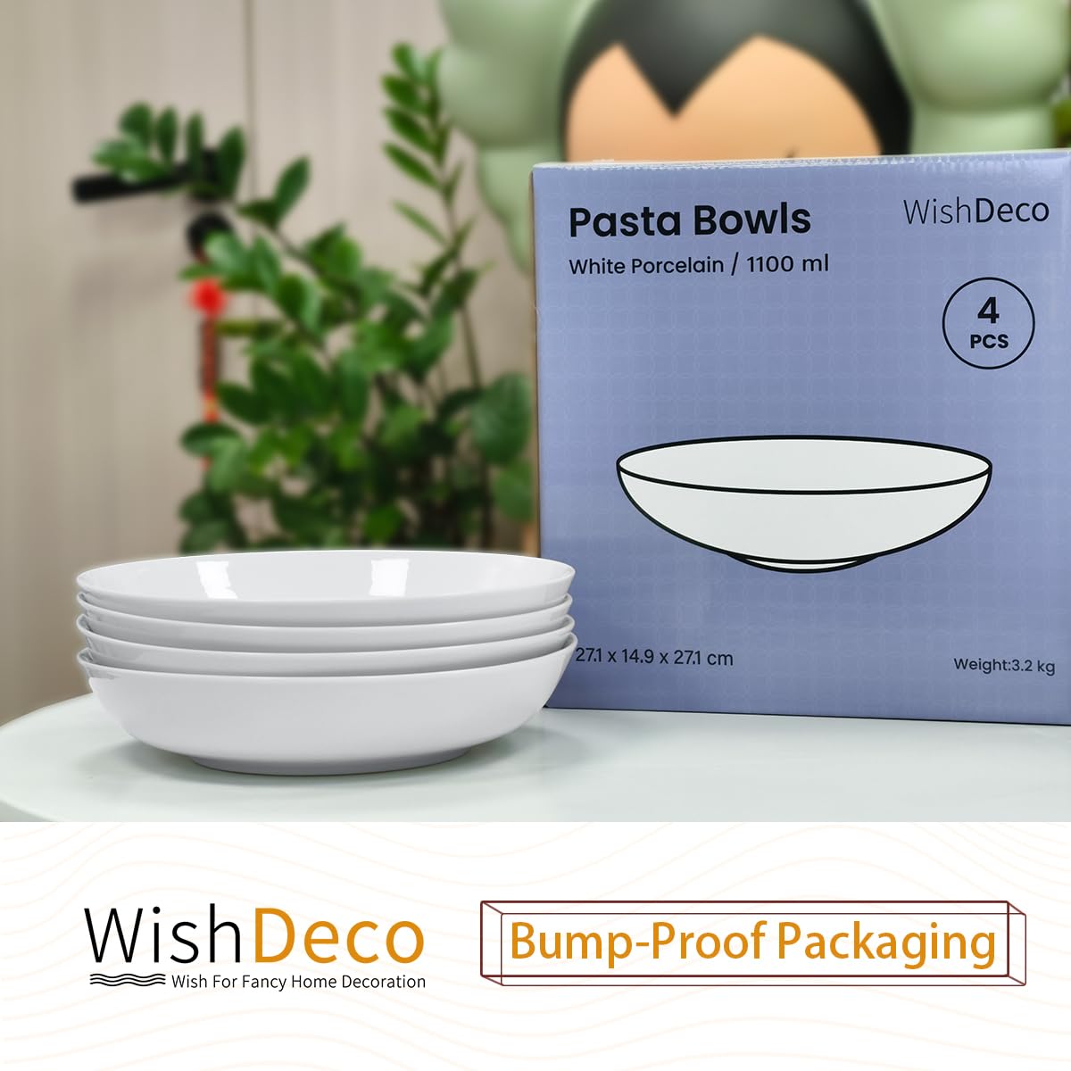 WishDeco Lot de 4 Grandes Assiettes à Pâtes, Saladier en Porcelaine 1100 ml, Assiettes Creuses Blanches, Bols à Pâtes Ceramique, Assiettes Profondes, Bol de Service pour Nouilles, Ramen
