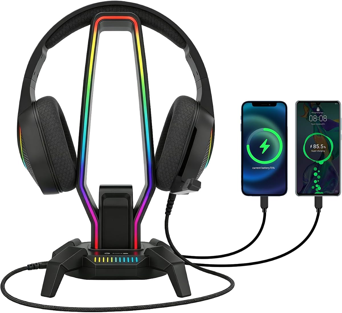 MARVO RGB Headphone Stand Data Transmission, 9 Lights Mode Headset Holder with 1 USB-C & 3 USB Ports & 1 3.5mm Jack Port, Ultimate Gaming Accessories for Gamers for PS, Xbox, PC