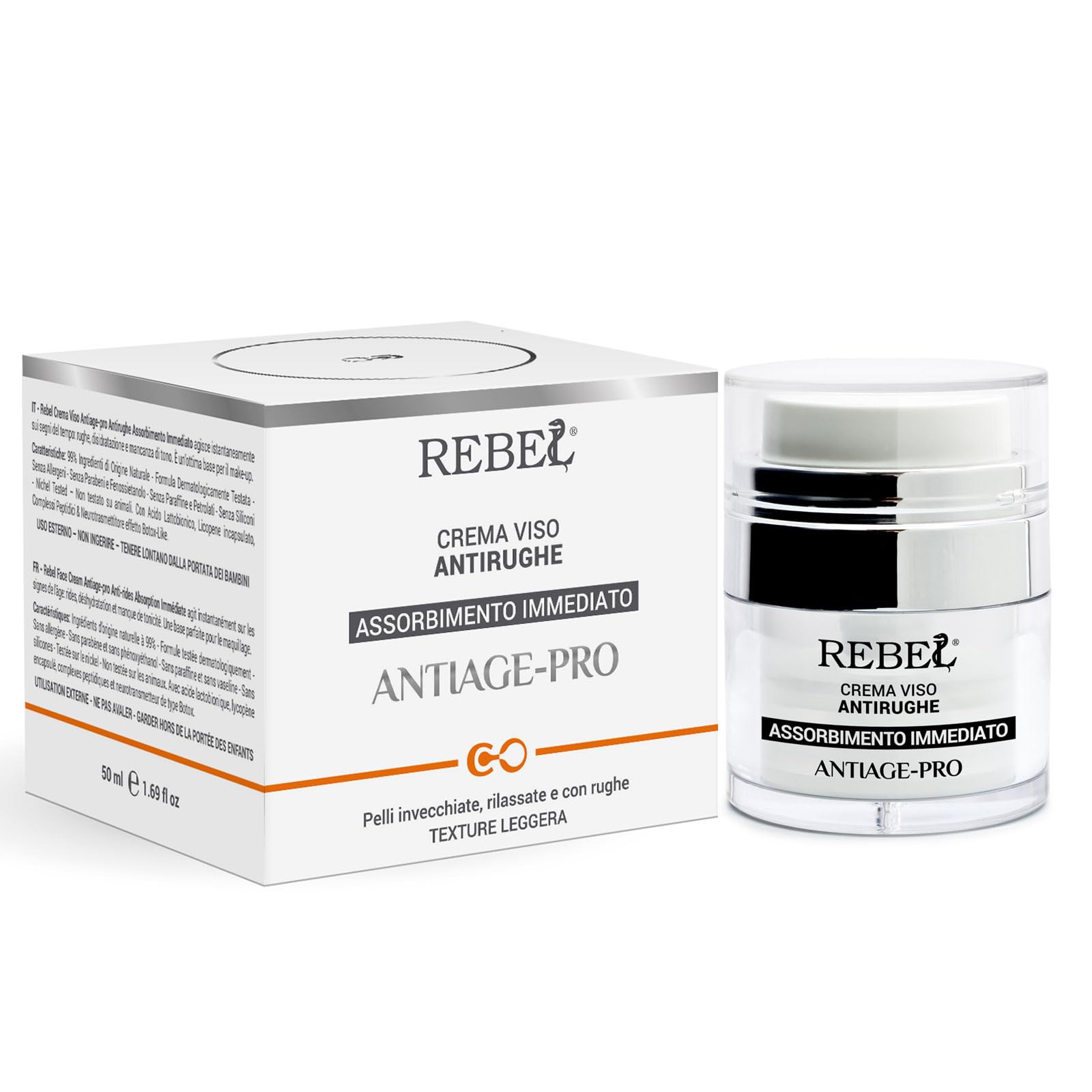 Rebel Antiage Pro Crema Viso Antirughe Assorbimento Immediato | Crema Antirughe e Antietà Giorno e Notte| Trattamento Rughe Intensivo | Con Peptidi e Licopene | 50 ml