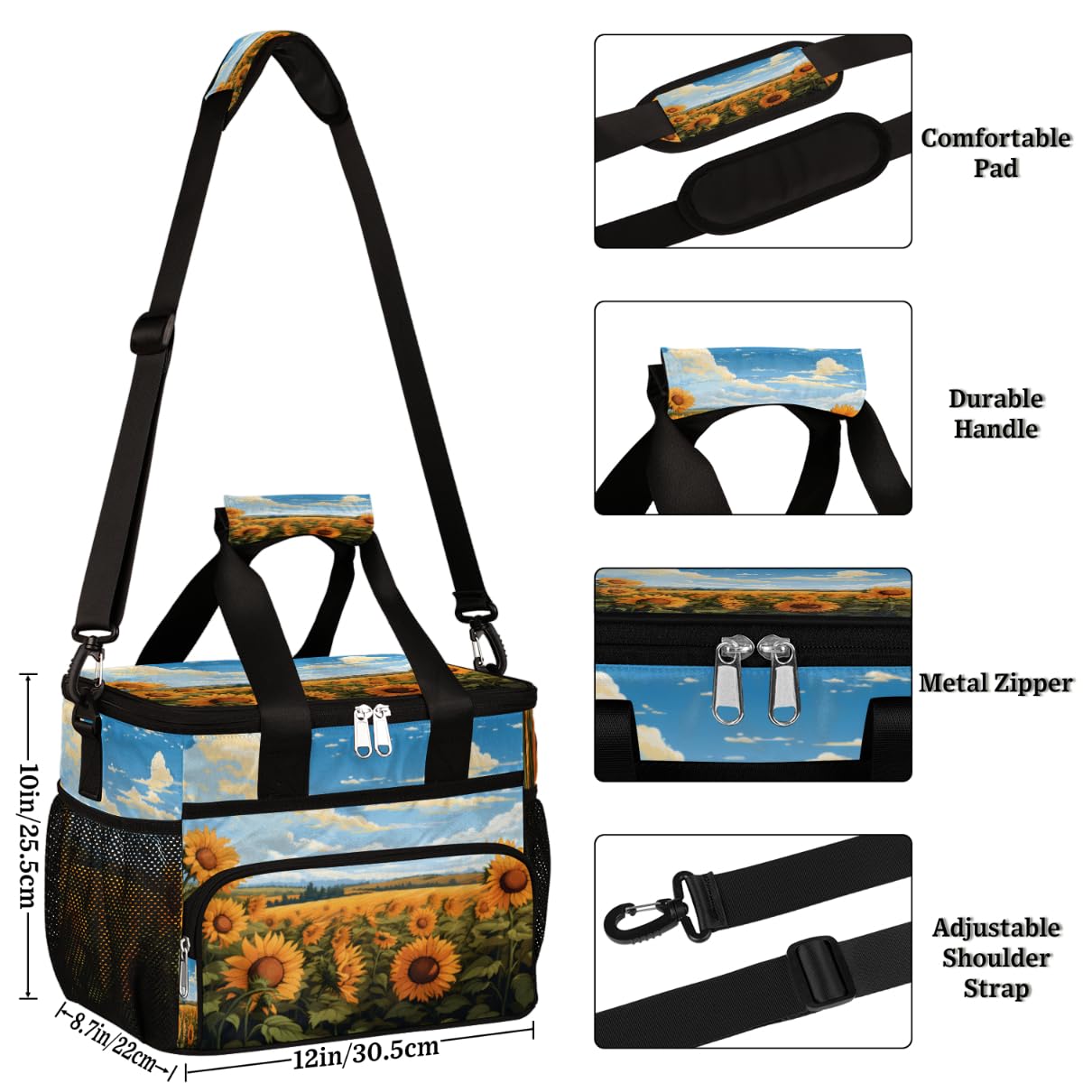 Field with Cloud Insulated Picnic Backpack Lunch Box for Women Men Picnic Basket Tote Lunch Bag Picnic Bag Portable Lunch Bags for Picnic, Beach, Work, Trip,Office, Camp Summer Sunflower