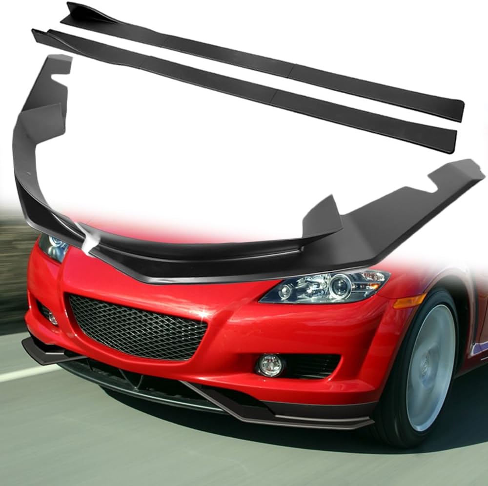 Q1-TECH, 9PCS Front Bumper Lip & Side Skirt Extensions Diffuser Compatible with 2004-2008 Mazda RX-8, Front Bumper Lip Spoiler Air Chin Body Splitter ABS (Matt Black)